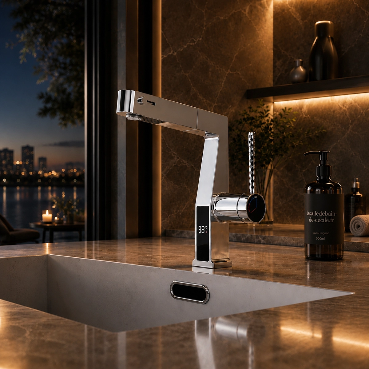 Détail mitigeur lavabo LED chrome avec douchette extractible